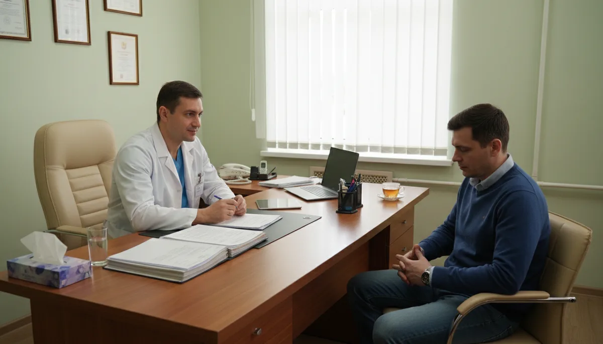 консультация врача-нарколога с пациентом в кабинете, спокойная обстановка, медицинская документация на столе